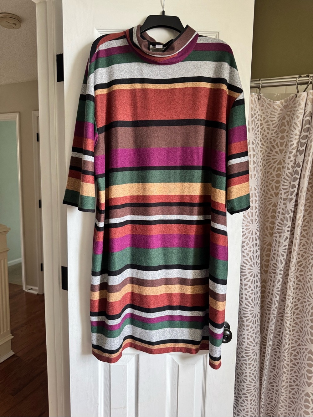 London Times Striped Turtleneck Midi Dress - Rust, Green, Plum, Gold, Cream